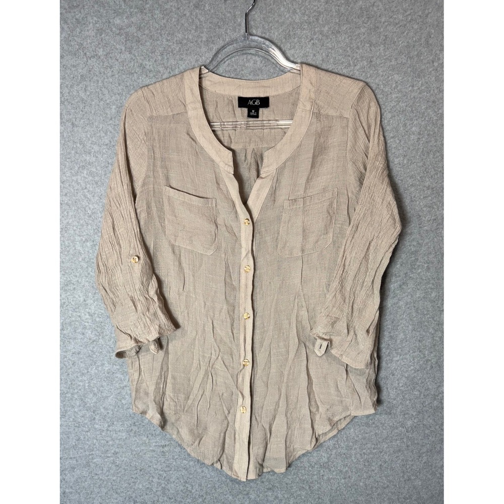 AGB Shirt Womens Medium Beige Rayon Pockets Round Neck Roll Tab Sleeve Button-Up